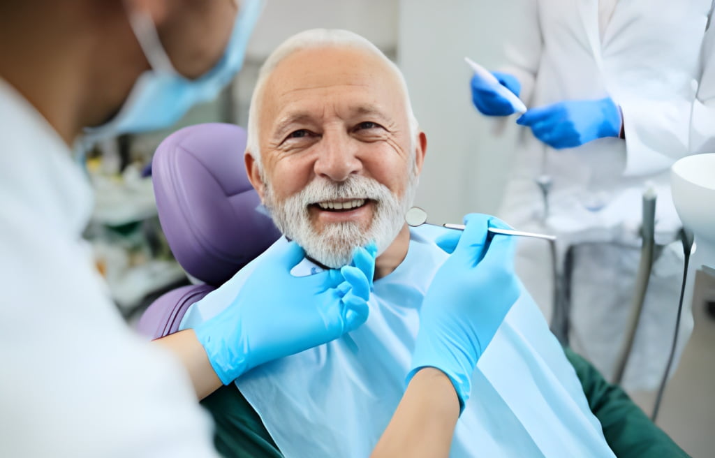 Smiling patient receiving dental care