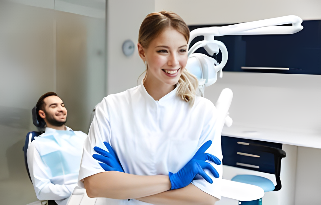 Image of a smiling female dentist with a patient in the background